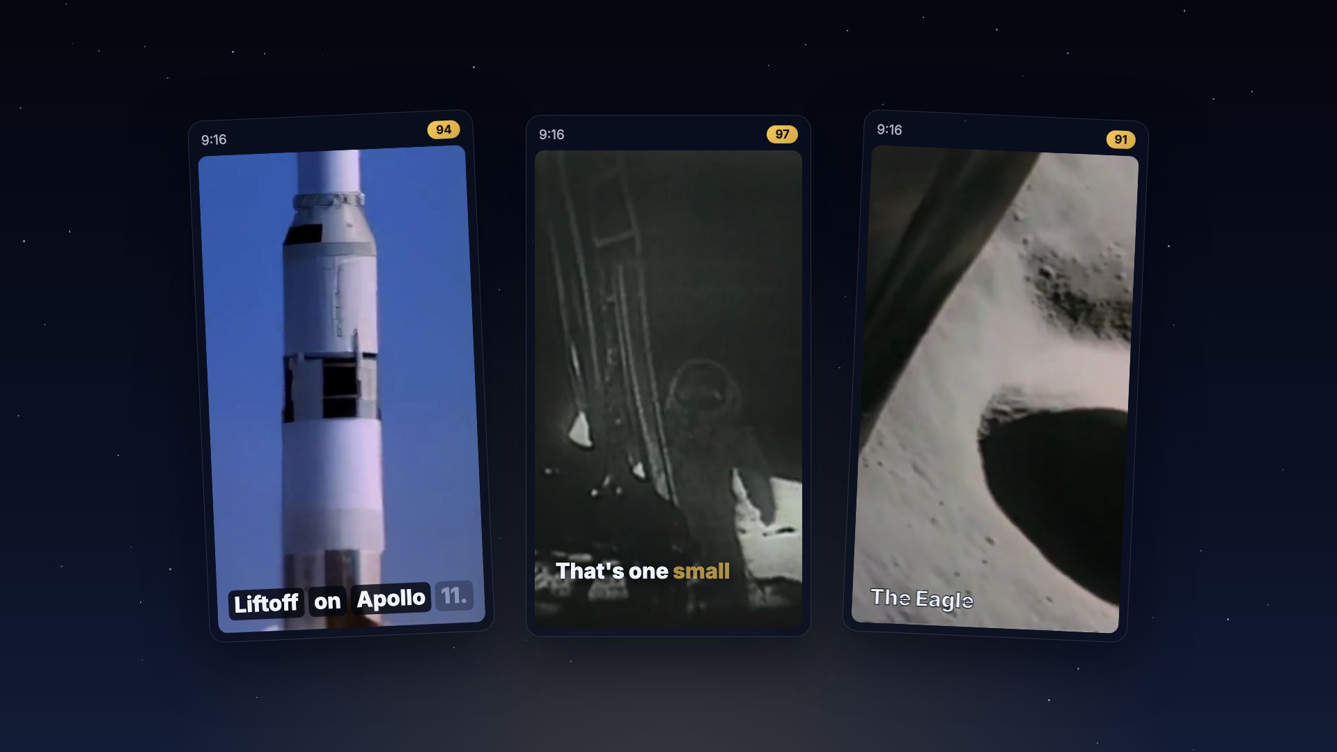A long Apollo 11 video cut into three subtitled vertical shorts