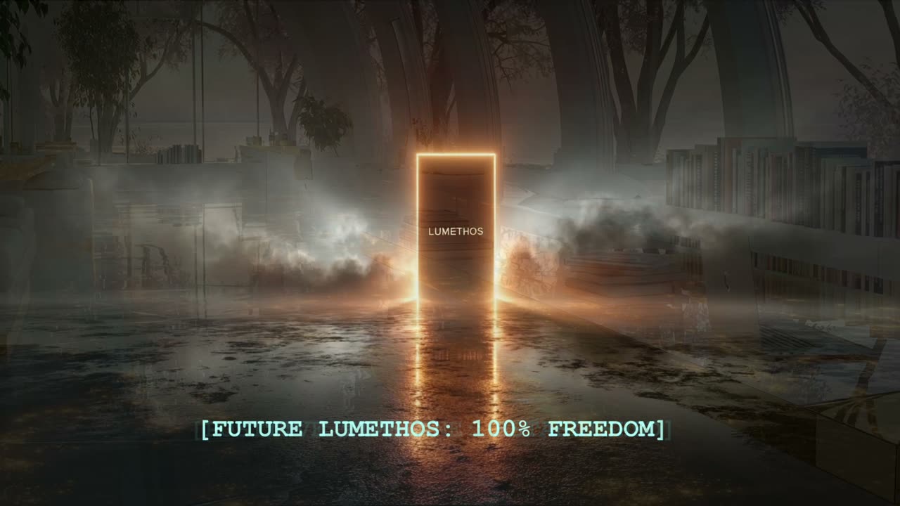 A glowing golden door standing open under a breaking dawn — a still from the Lumethos demo reel