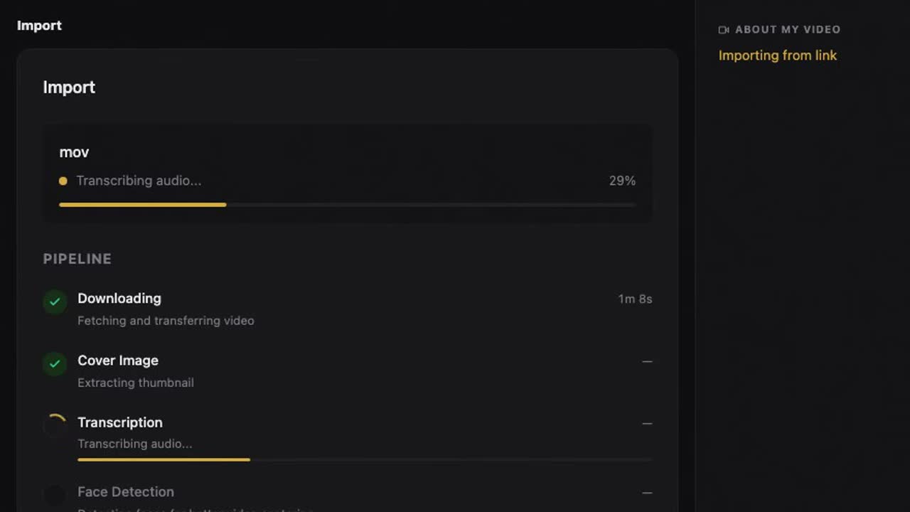 The Lumethos import pipeline transcribing and processing a video