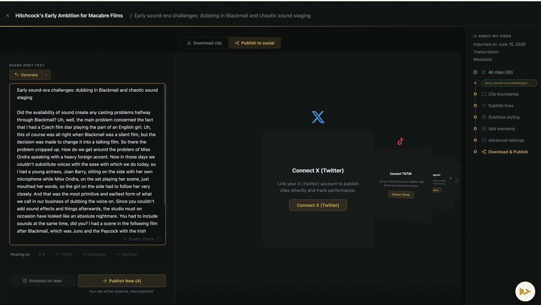 Lumethos publishing workspace with clips and scheduled posts