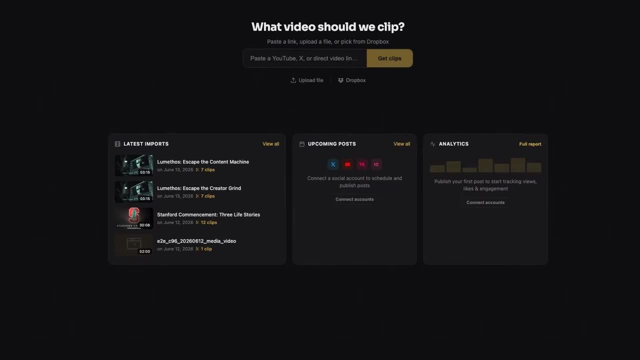 Lumethos studio home with the import prompt, latest imports, and upcoming posts